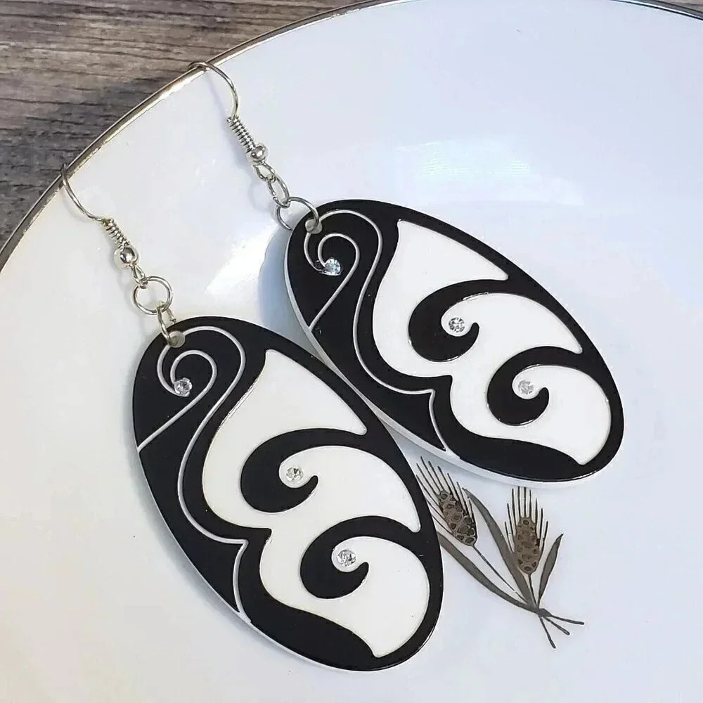 Vintage Y2K White Black Lucite Austrian Crystal Circle Swirl Earrings